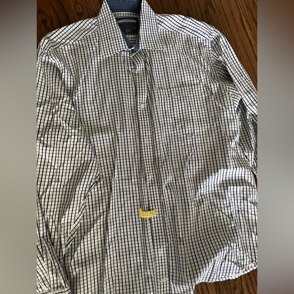 Like new, Men’s, Johnston & Murphy Navy and White button down Plaid Shirt. L.